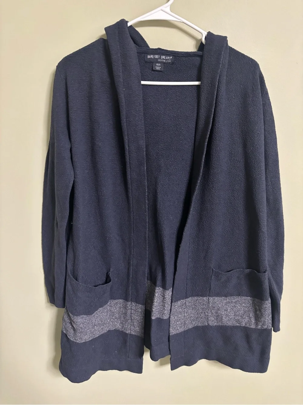 Barefoot Dreams Hooded CozyChic Navy Blue Grey Stripe Cardigan Size XS Small